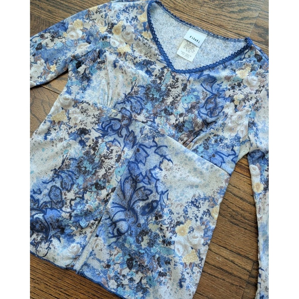 Vtg Filati Y2K Fairycore Top Ruffle Lettuce Edge Bell Slv Blue Floral Babydoll L